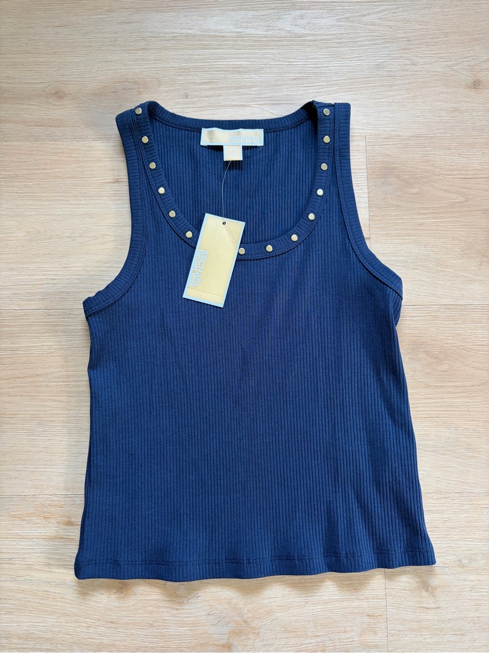 NWT Michael Kors Navy Ribbed Tank with Gold Stud Accents